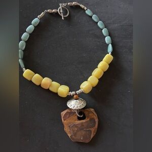 Handcrafted Yellow & Teal Stone Pendant Necklace